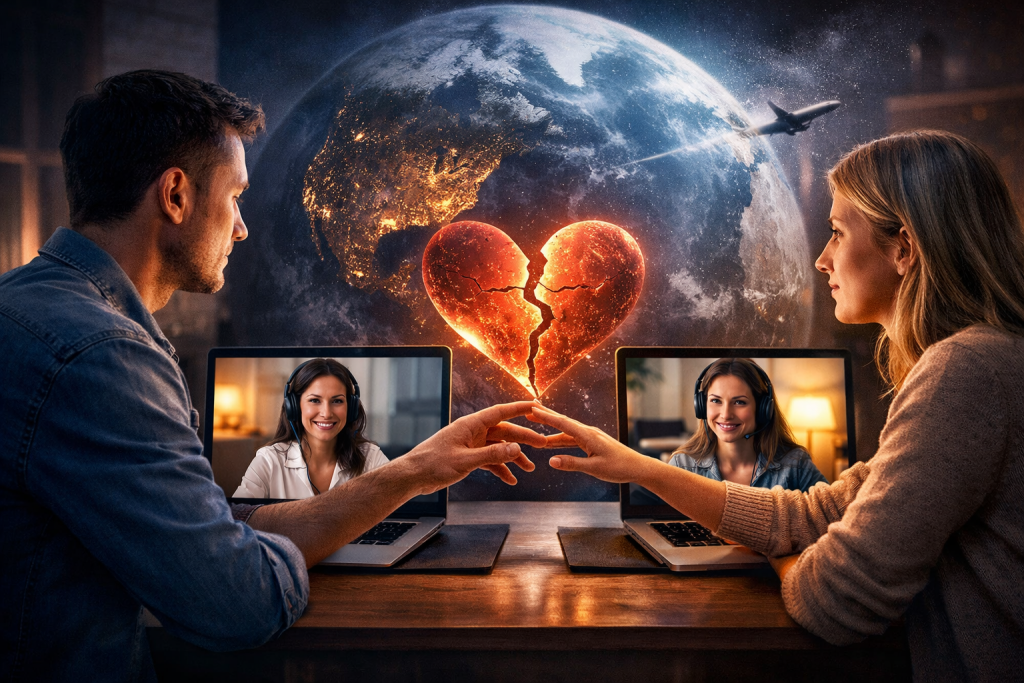 Couple en thérapie de couple en ligne en visioconférence avec un thérapeute pour surmonter une crise relationnelle à distance