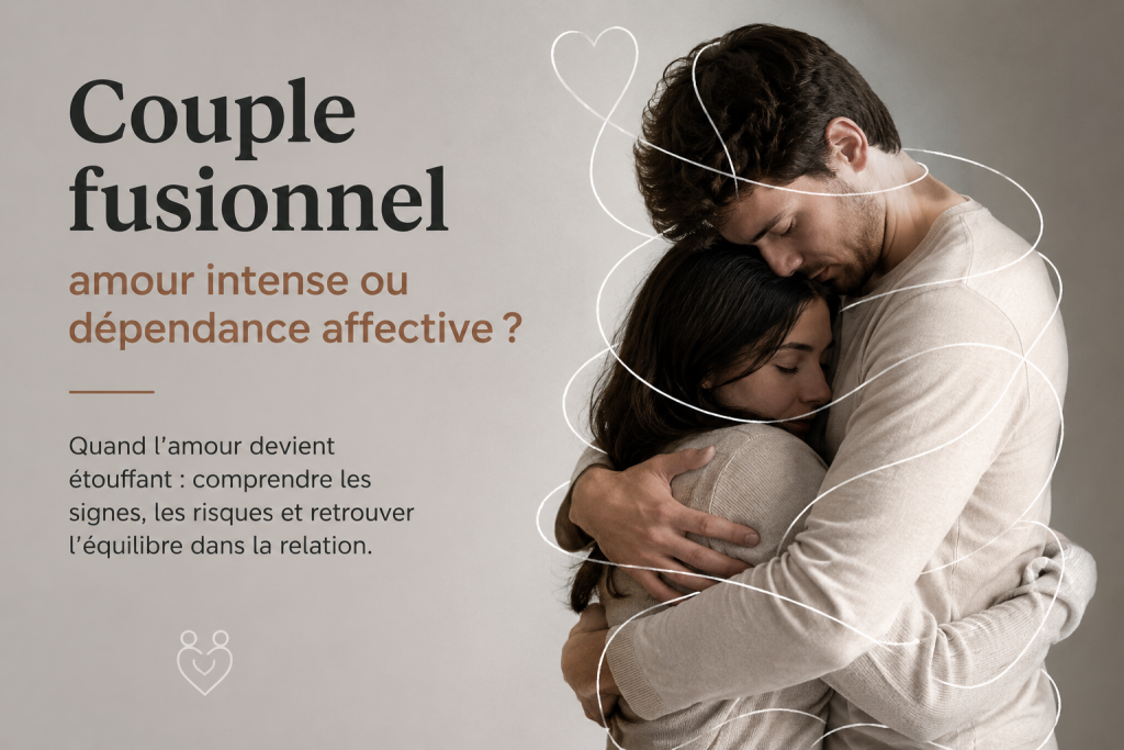 Couple fusionnel enlacé représentant une relation intense entre amour passionnel et dépendance affective.