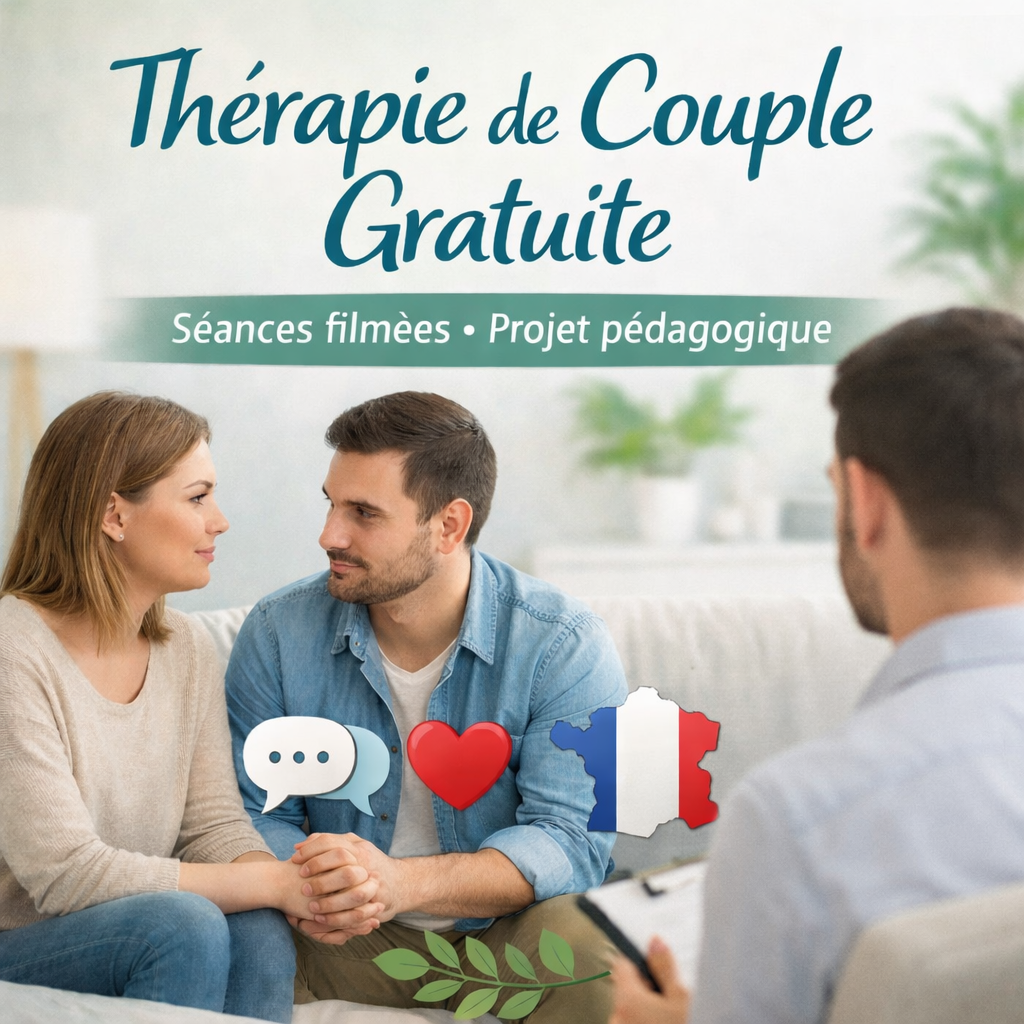 hérapeute de couple homme guidant un couple dans une séance de thérapie gratuite filmée, ambiance professionnelle et bienveillante,