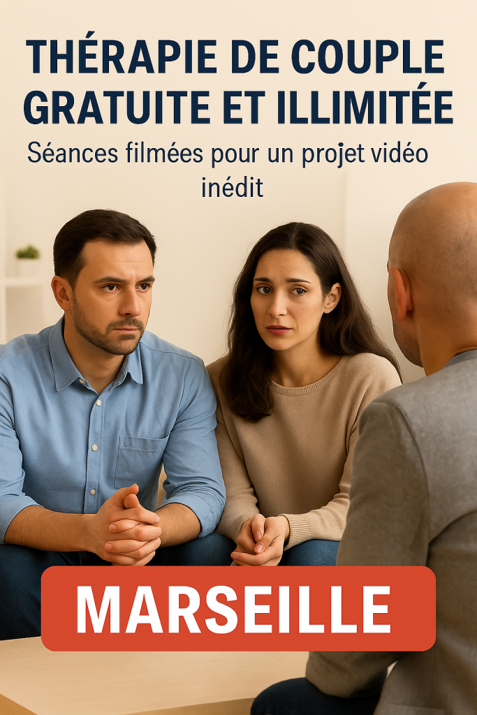 Un couple en séance de thérapie de couple avec Christophe Di Giovanni, thérapeute de couple à Marseille, dans le cadre d’un projet vidéo gratuit et filmé.