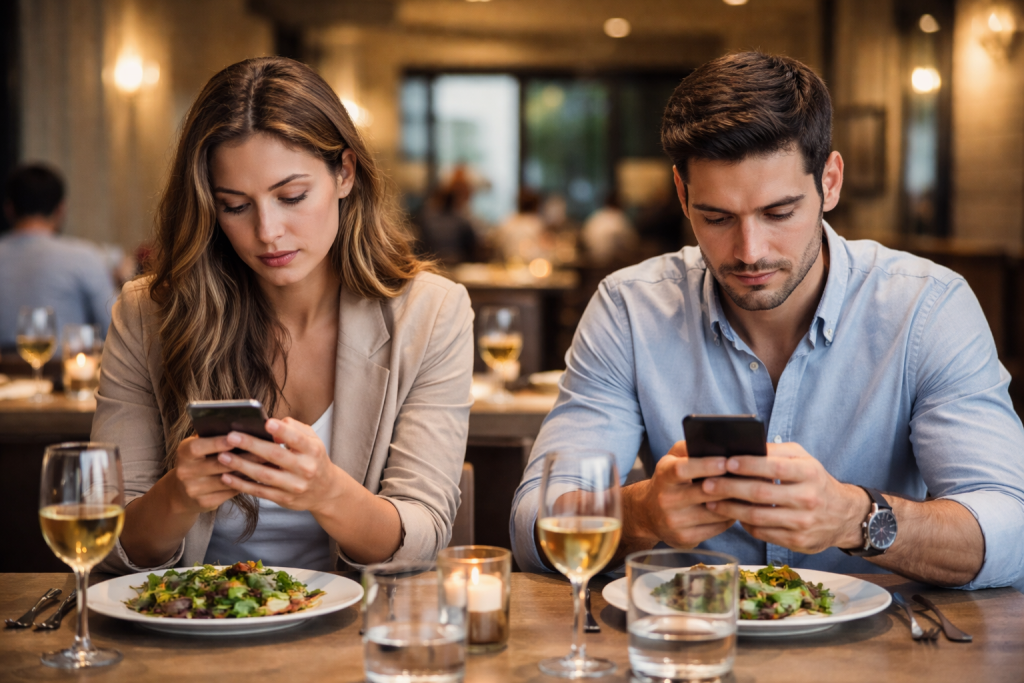 Couple assis au restaurant, chacun sur son téléphone, illustrant la distance émotionnelle et la thérapie de couple à Marseille