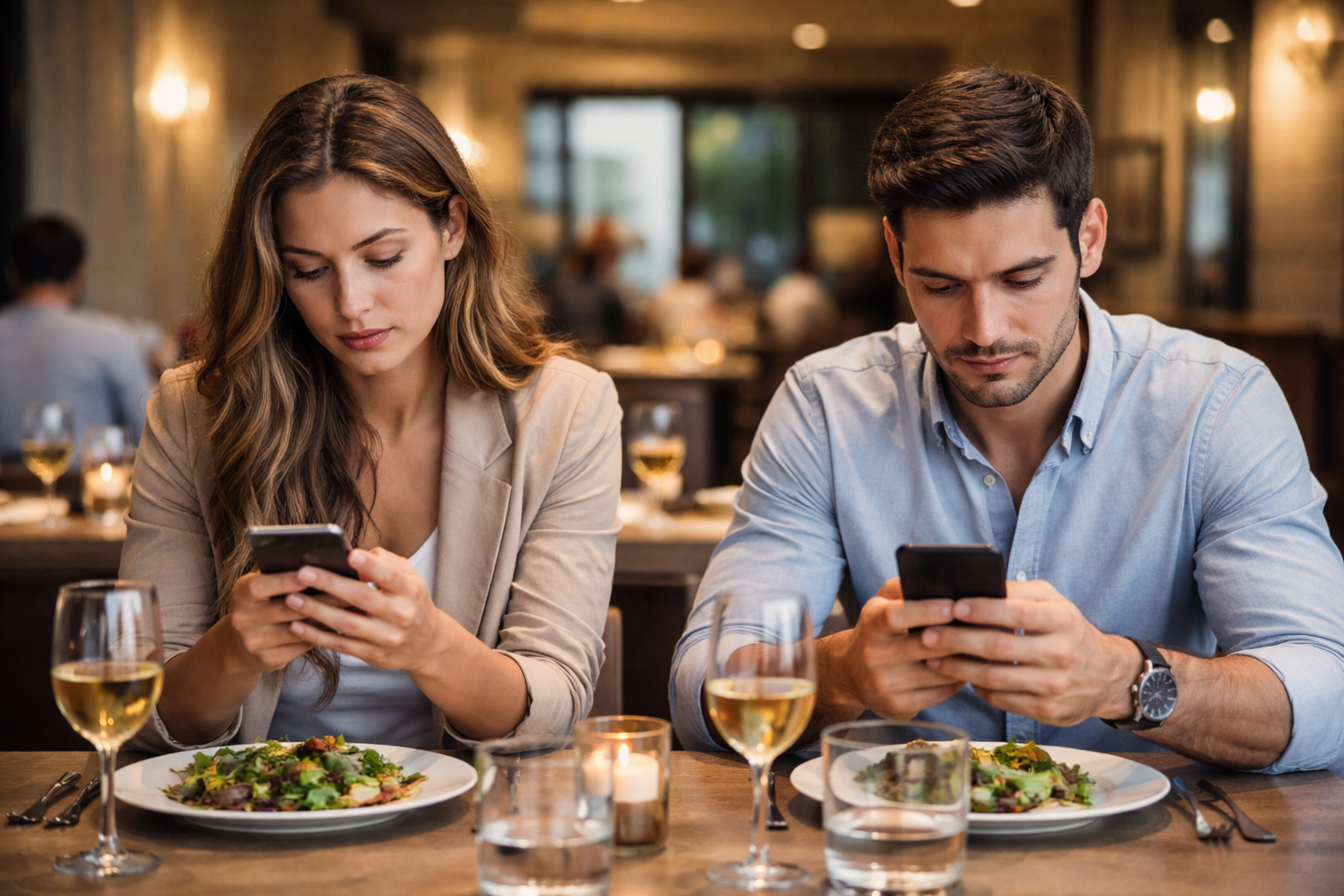 Couple assis au restaurant, chacun sur son téléphone, illustrant la distance émotionnelle et la thérapie de couple en ligne