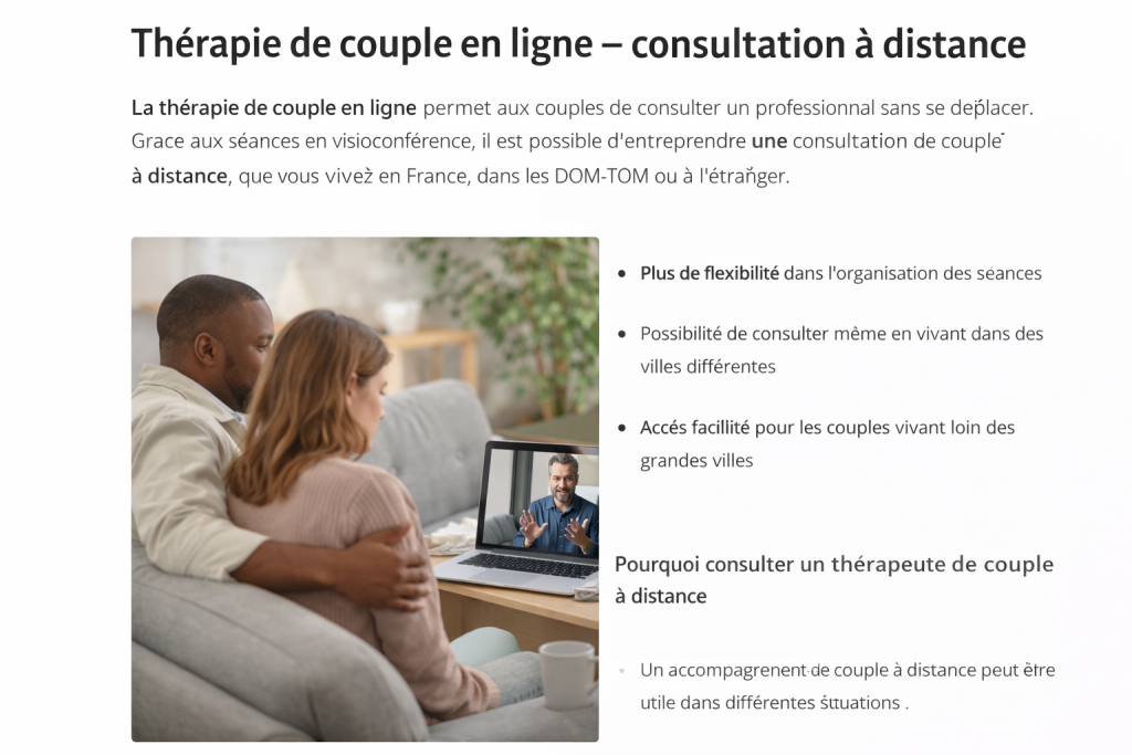 Couple consultant un thérapeute en ligne via visioconférence, séance de thérapie de couple à distance depuis leur domicile.