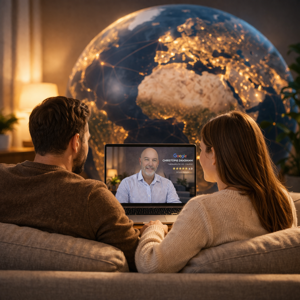 Couple en séance de thérapie de couple en ligne en visioconférence avec thérapeute, depuis leur domicile, avec connexion internationale”