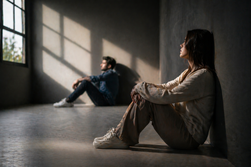 Femme et homme assis à distance illustrant une perte de sentiments dans le couple