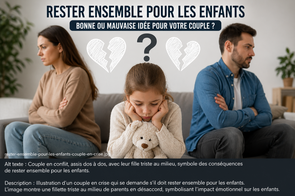 Couple en crise assis à distance avec leur enfant au milieu, illustrant l’impact de rester ensemble pour les enfants