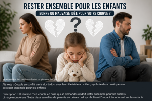 Couple en crise assis à distance avec leur enfant au milieu, illustrant l’impact de rester ensemble pour les enfants