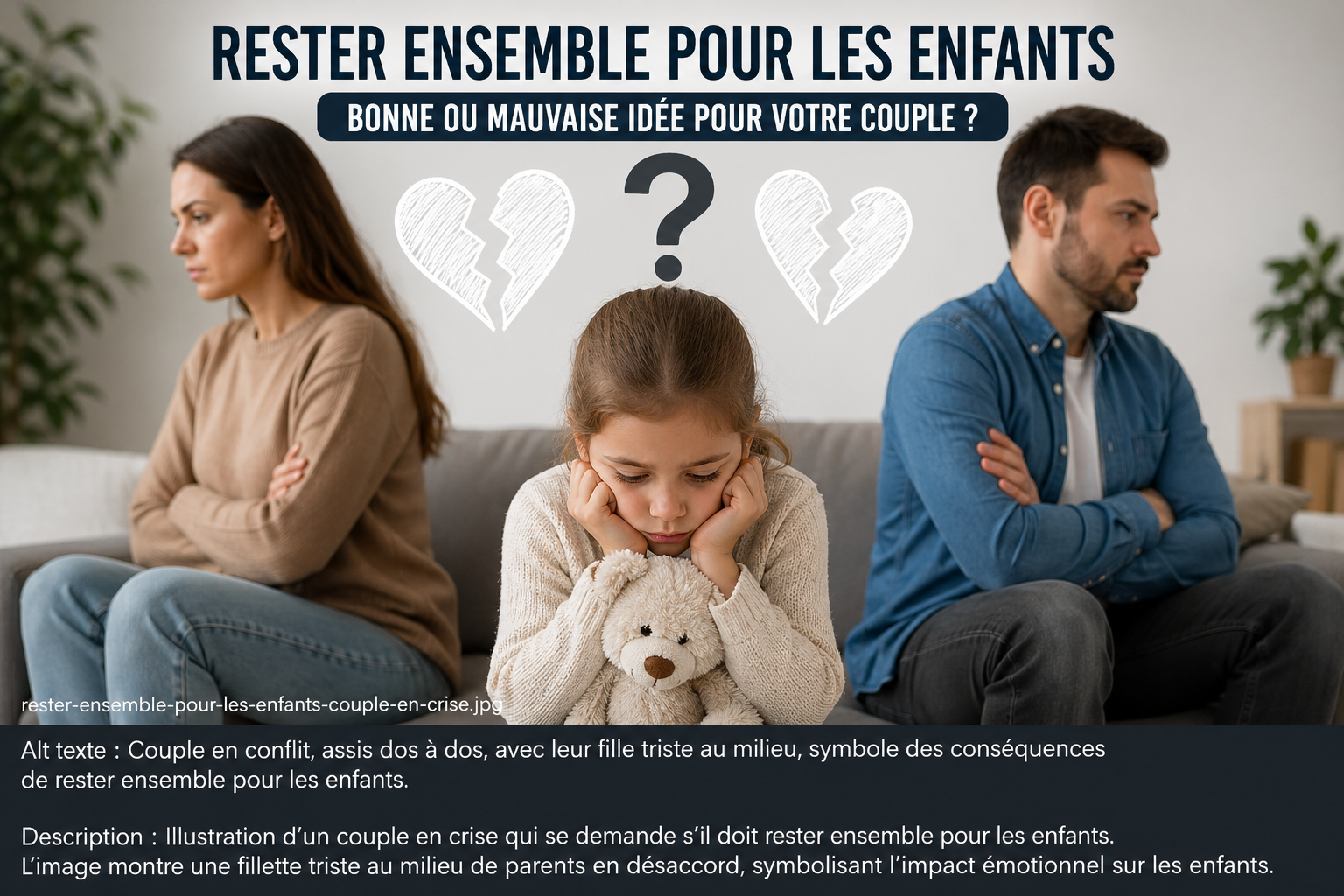 Couple en crise assis à distance avec leur enfant au milieu, illustrant l’impact de rester ensemble pour les enfants