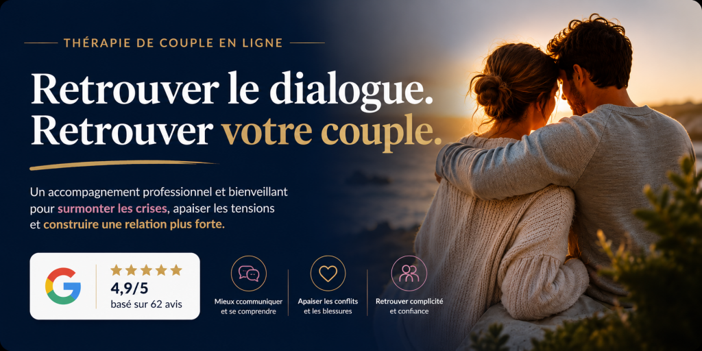 Bannière de thérapie de couple en ligne montrant un couple enlacé face à la mer au coucher du soleil avec accompagnement professionnel pour retrouver le dialogue et apaiser les tensions relationnelles.